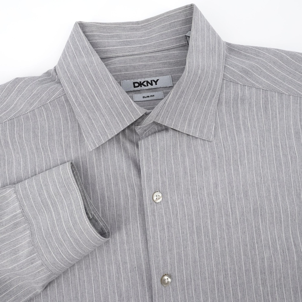 DKNY Slim Fit Pinstripe Button Down Shirt Grey Long Sleeve Mens L 16 34/35 Large
